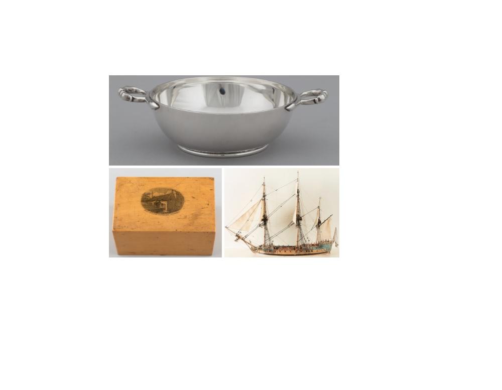 A circular silver porringer with twin moulded oval handles and a Queen Anne half crown coin dated from 1707 which is on show at Hill of Tarvit near Cupar (top), a Mauchline ware box made from sycamore that depicts Hugh Miller’s Birthplace Cottage in Cromarty (left),  and replica of the Du Teillay ship on which Bonnie Prince Charlie arrived in Scotland at the start of the 1745 Rising. It is held at Glenfinnan Monument and Visitor Centre.