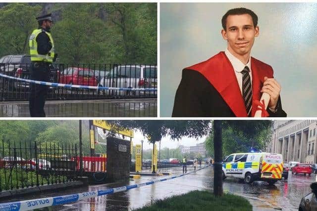 Edinburgh IT worker Paul Smith (top right) was walking back to work from his lunch break when he was stabbed to death by George McAdam.